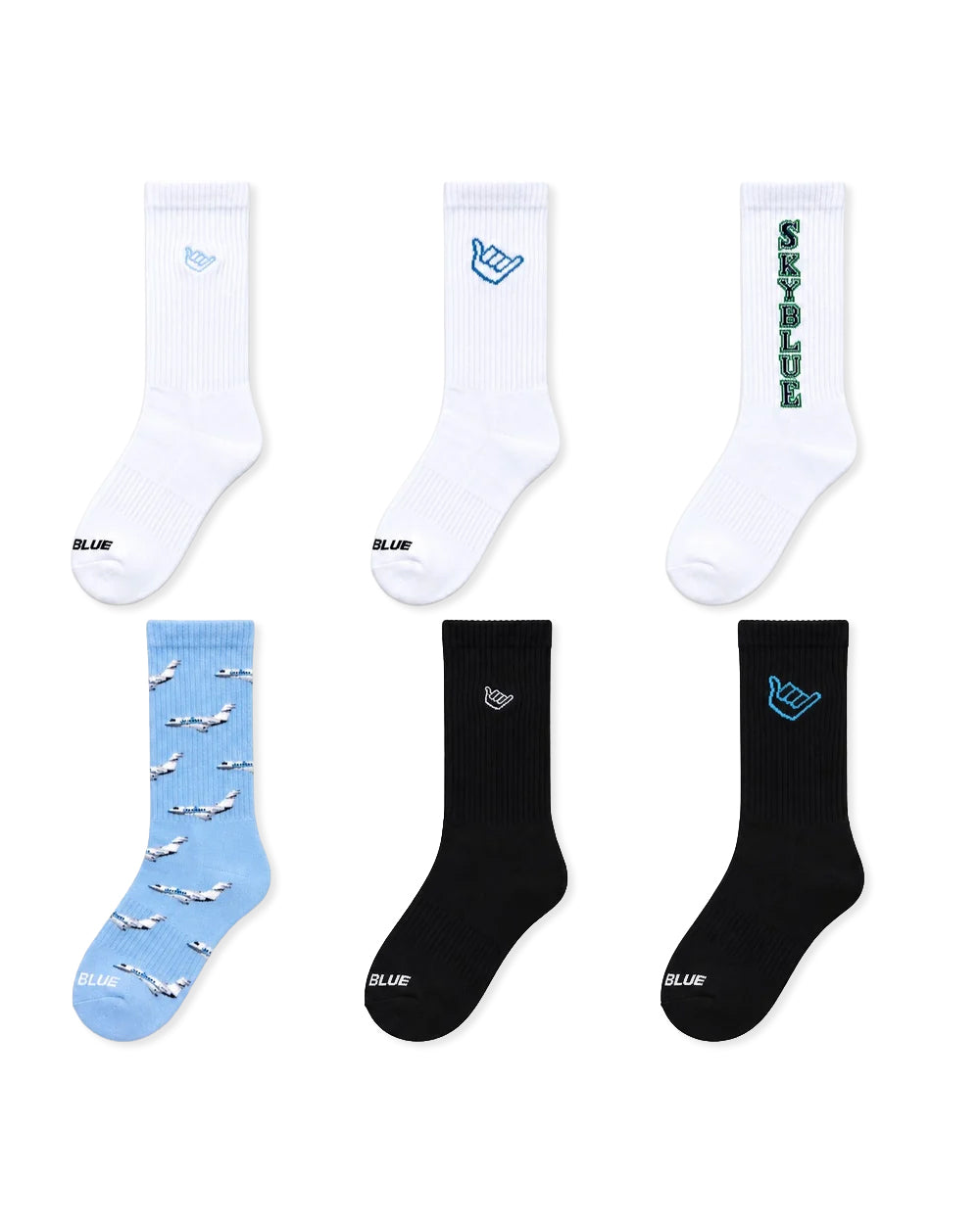 Skyblue Variety 6-Pack: one of each crew sock design