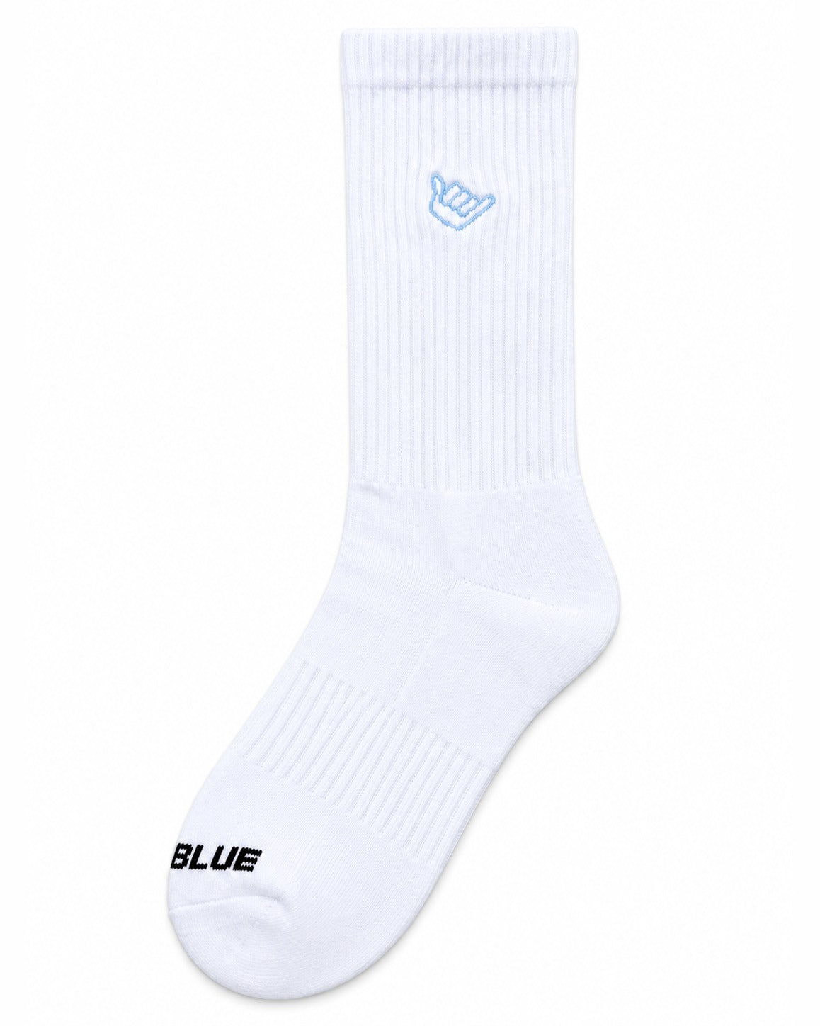 White Skyblue crew sock with small light blue shaka
