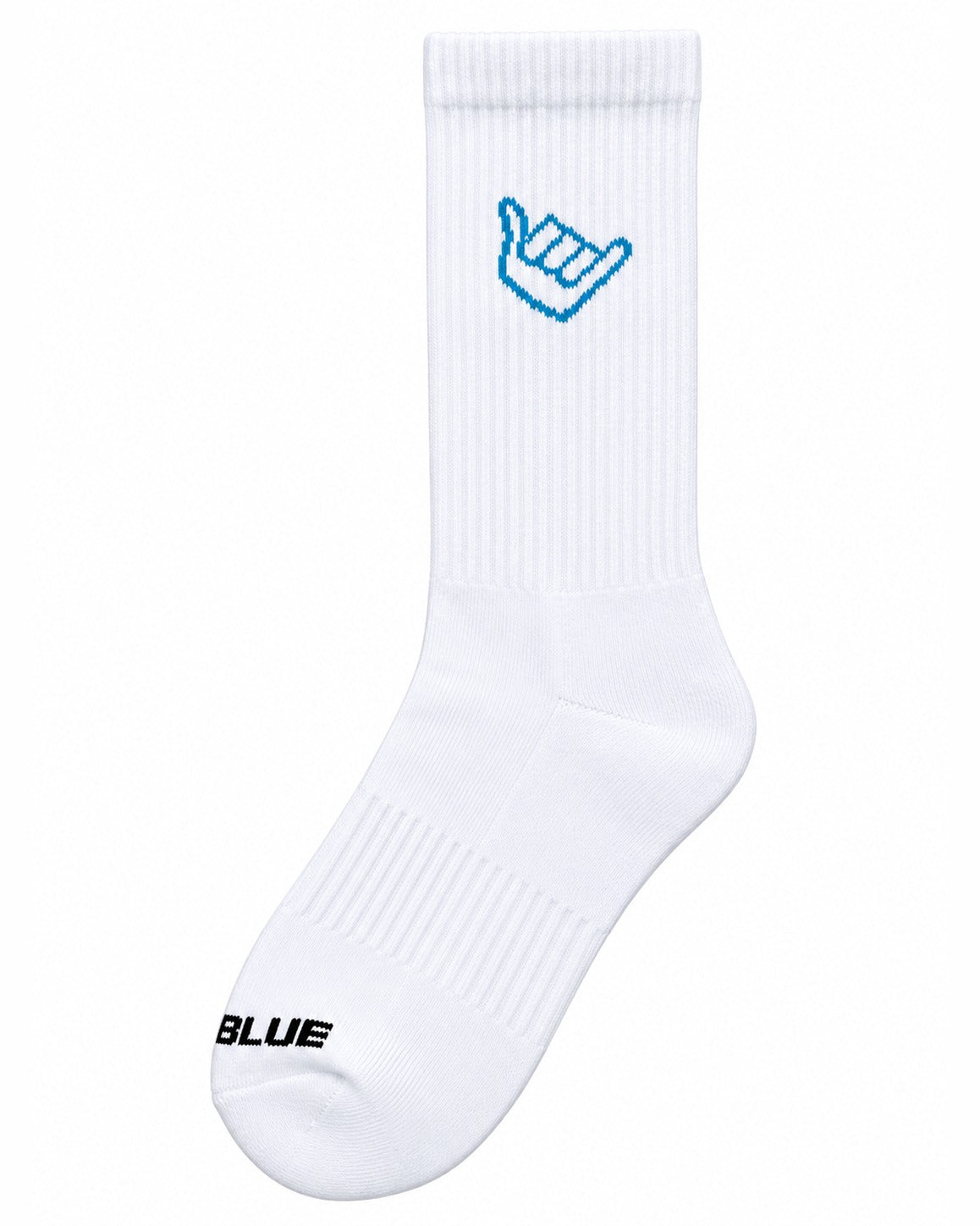 White Skyblue crew sock with blue shaka
