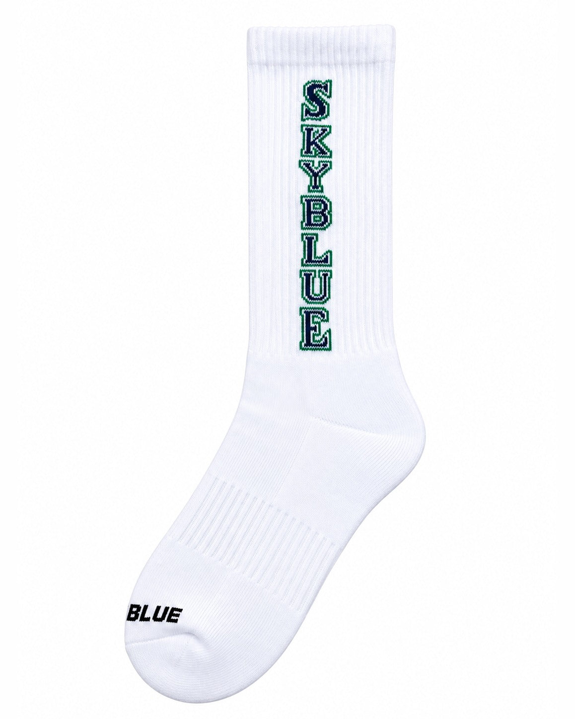 White Skyblue crew sock with vertical wordmark
