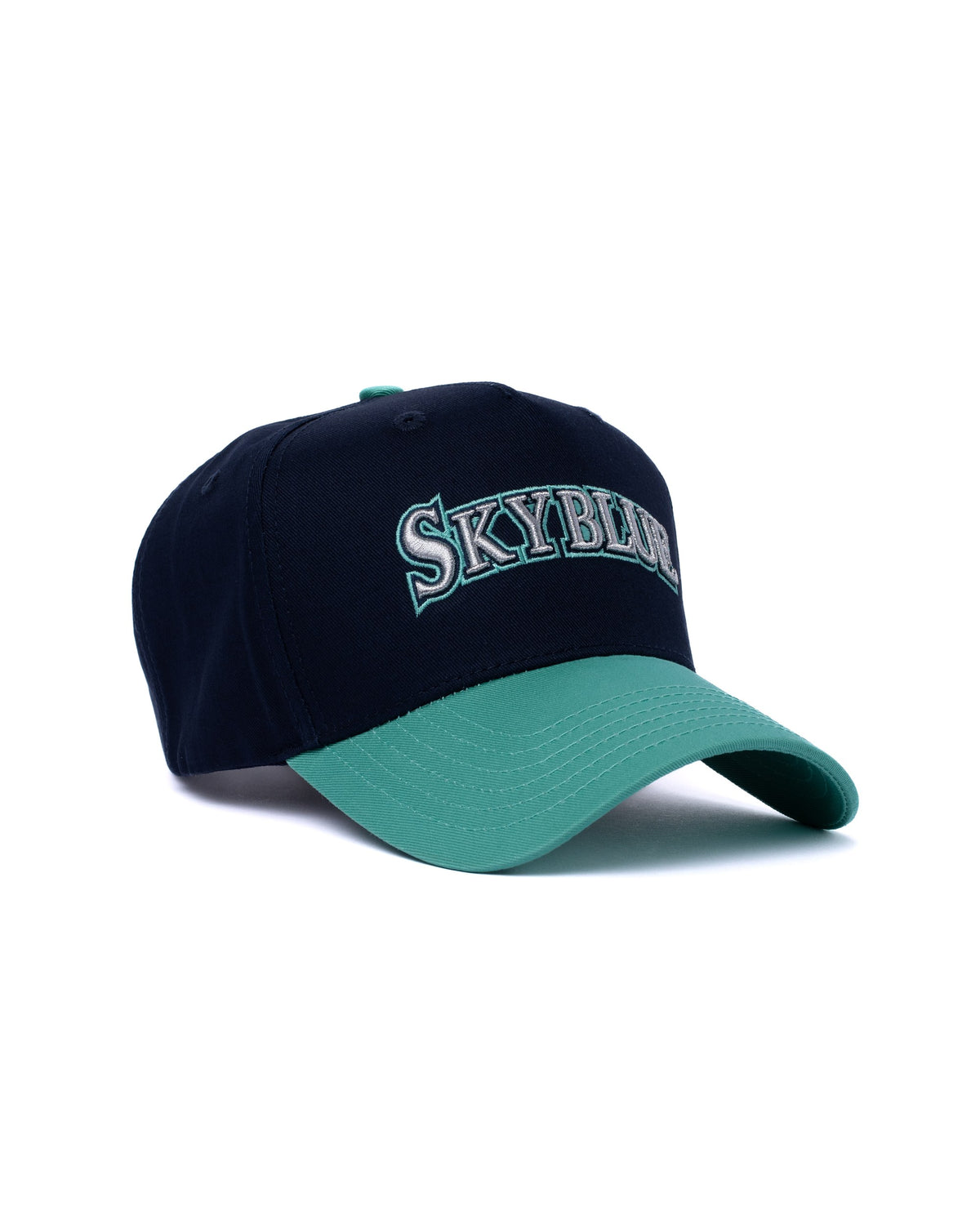 Navy and teal Skyblue wordmark snapback