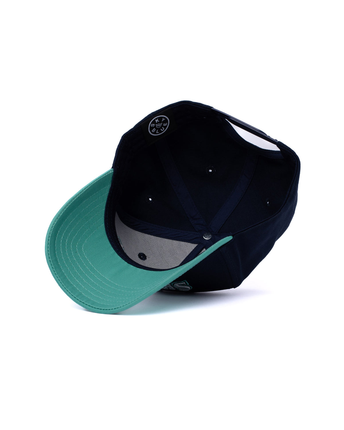 Navy and teal Skyblue wordmark snapback