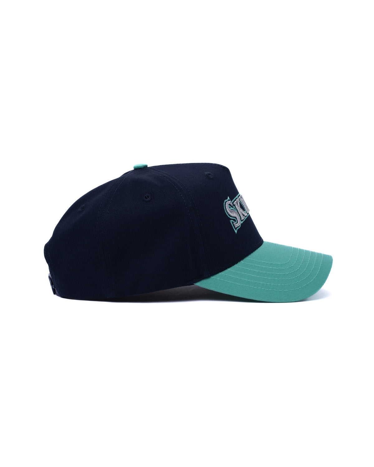 Navy and teal Skyblue wordmark snapback