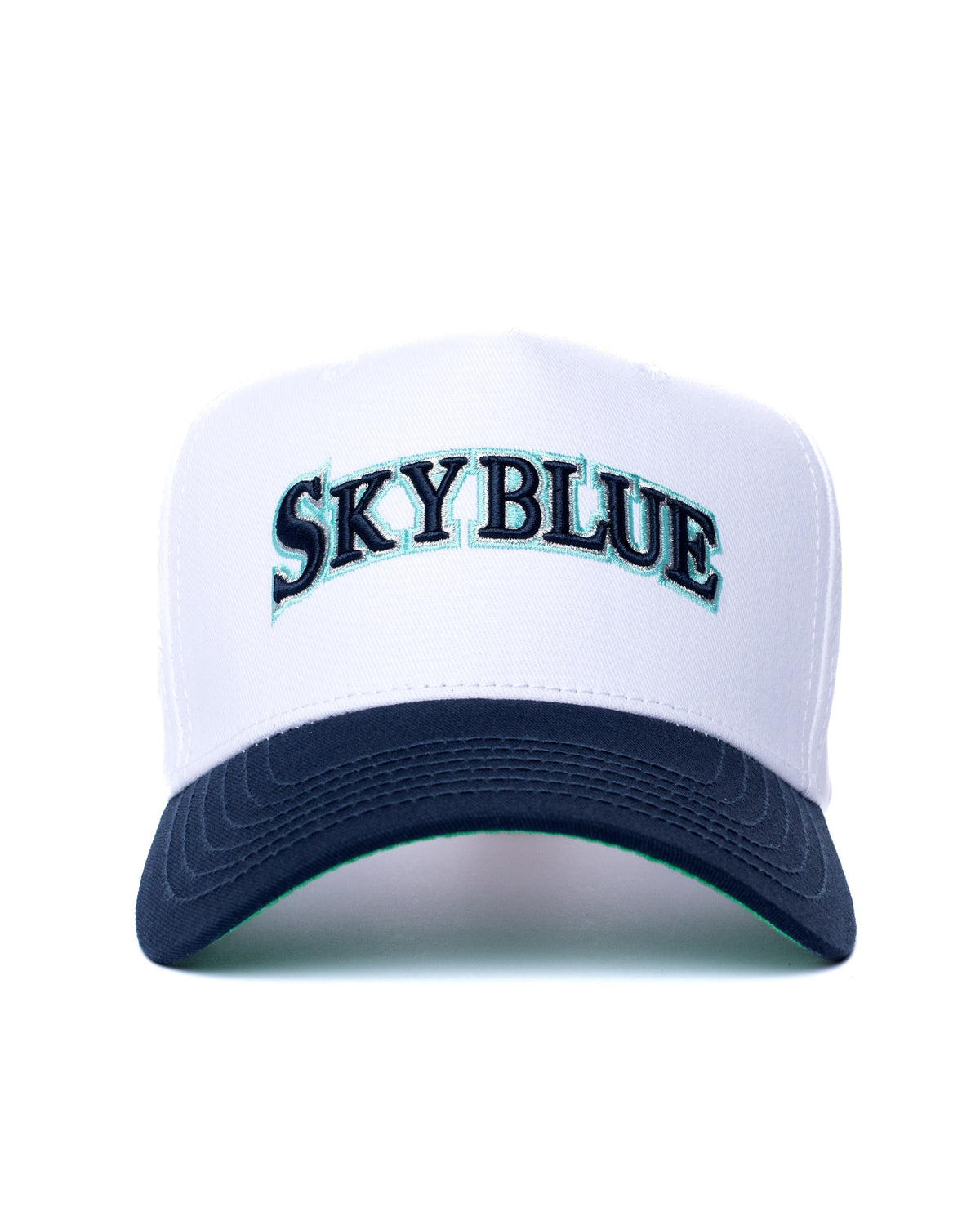 White and navy Skyblue wordmark snapback