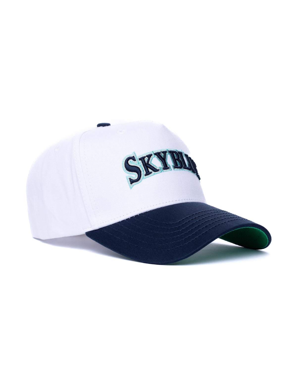 White and navy Skyblue wordmark snapback