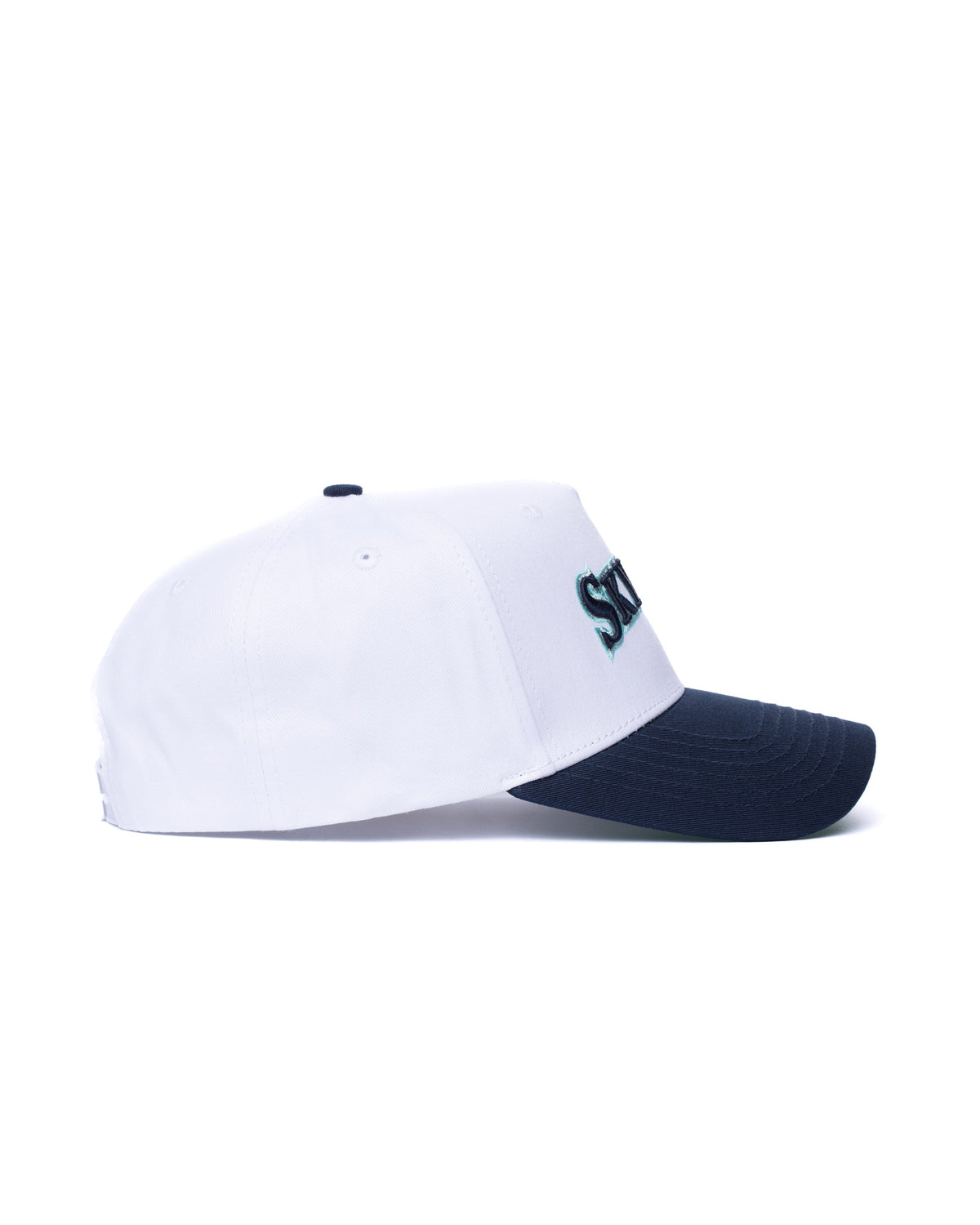 White and navy Skyblue wordmark snapback