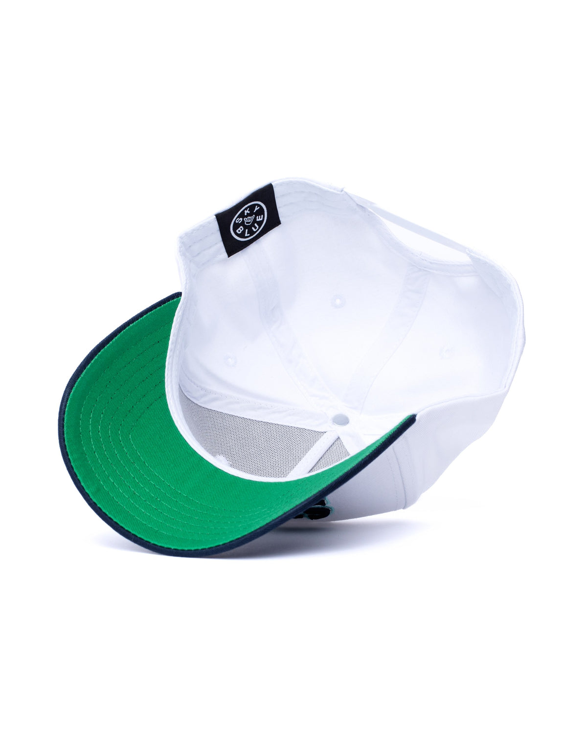 White and navy Skyblue wordmark snapback