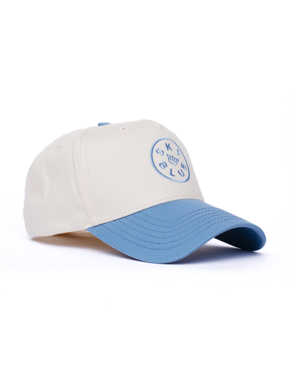 Cream and sky blue Skyblue snapback with shaka badge