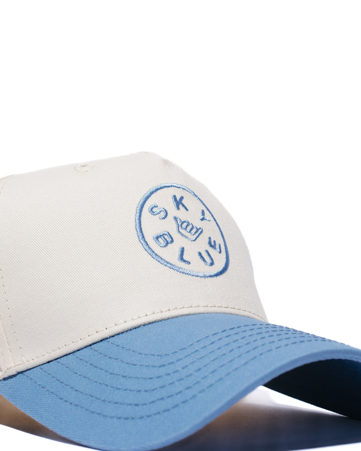 Cream and sky blue Skyblue snapback with shaka badge