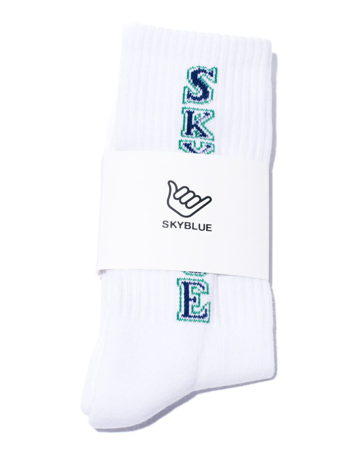 White Skyblue crew sock with vertical wordmark