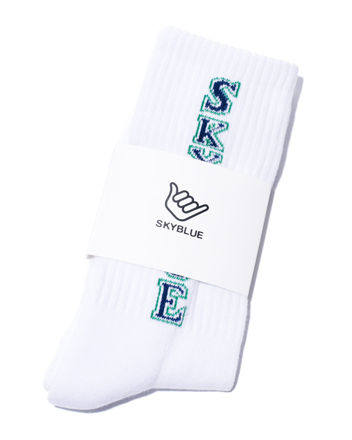 White Skyblue crew sock with vertical wordmark