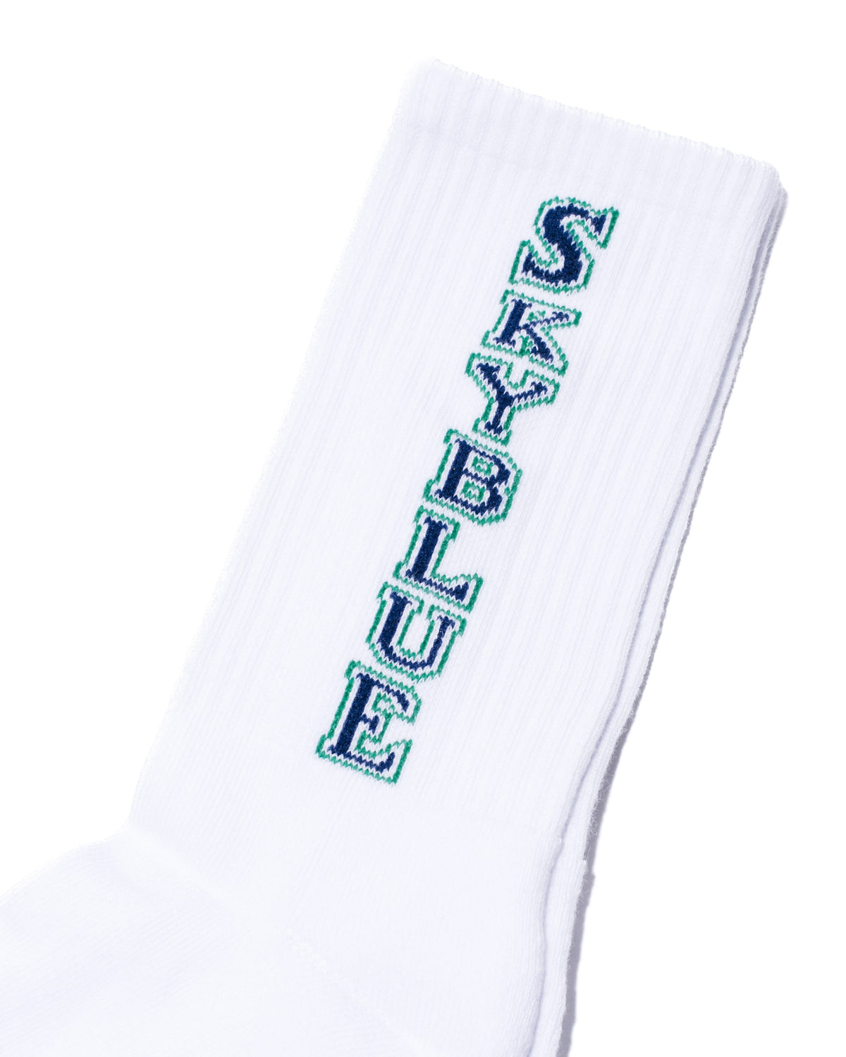 White Skyblue crew sock with vertical wordmark