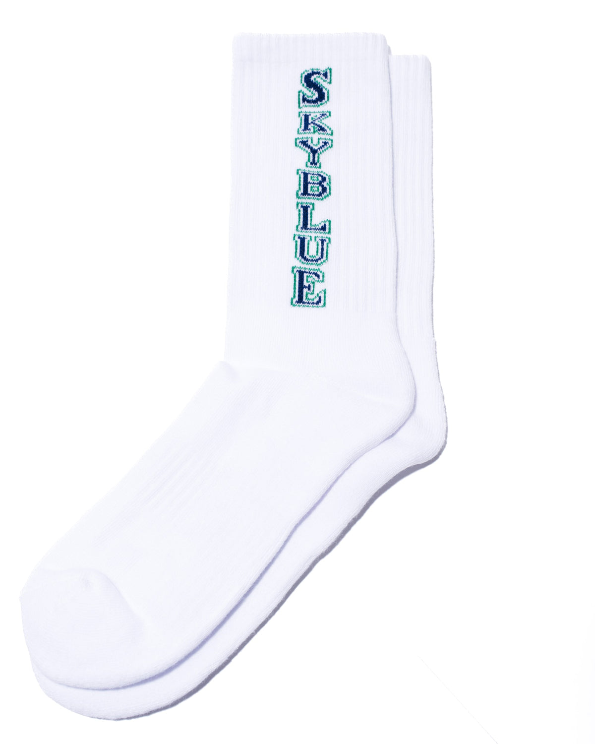 White Skyblue crew sock with vertical wordmark