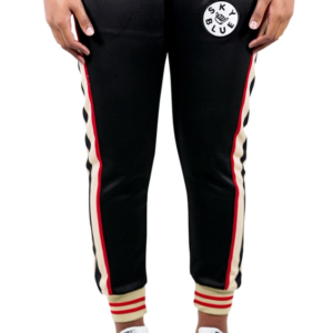 Black skyblue track pant with circular skyblue logo on upper left leg thigh. Logo is white with black text and black border.