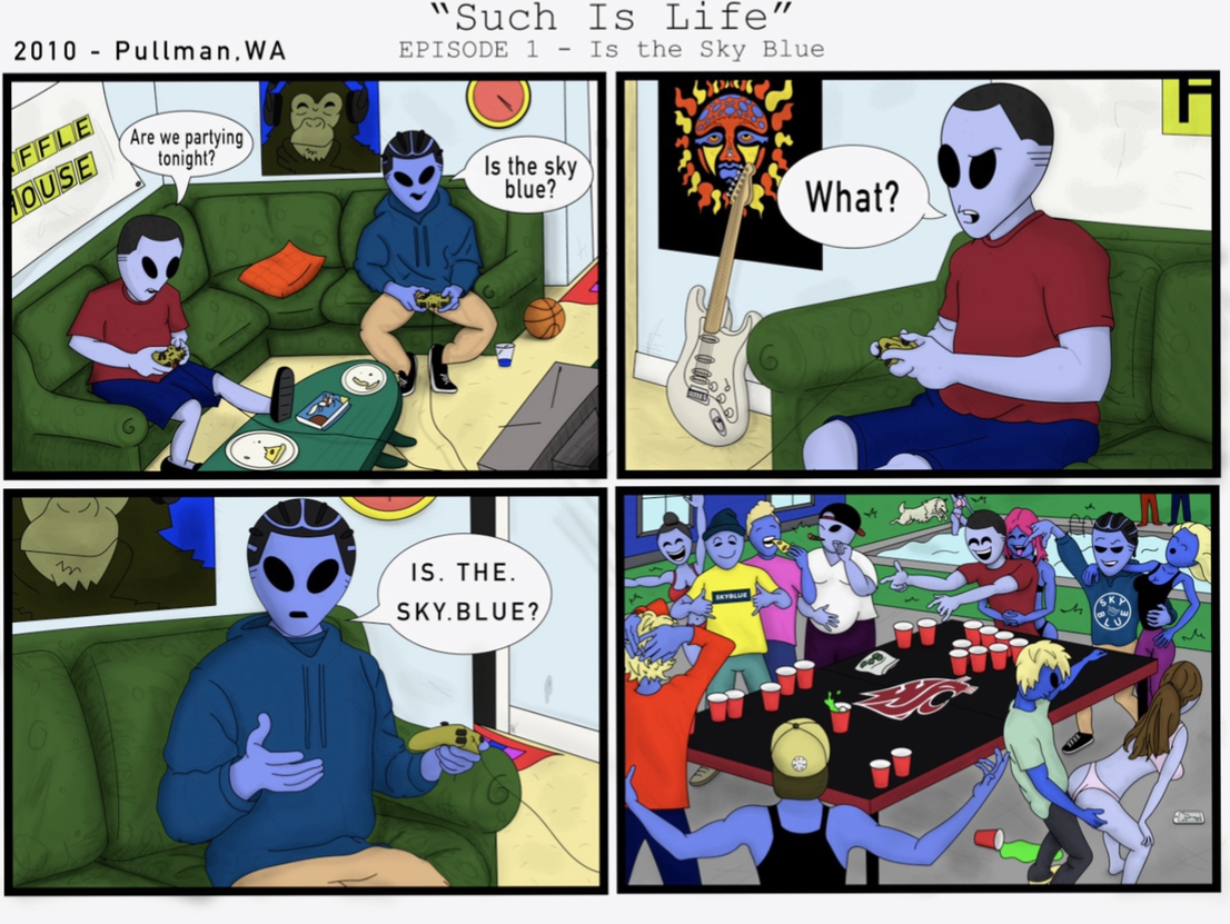 Skyblue comic with four images describing how skyblue started